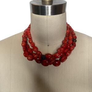 Coral Red Stone Beaded 3 Rows Necklace Heavy Classic Career Cosplay Boho 8"